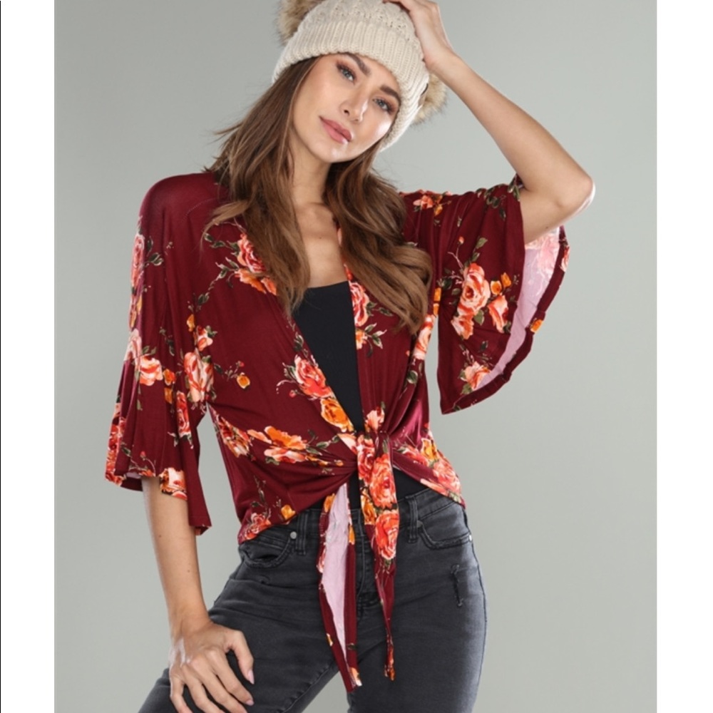 💥 Wine Floral Cropped Kimono